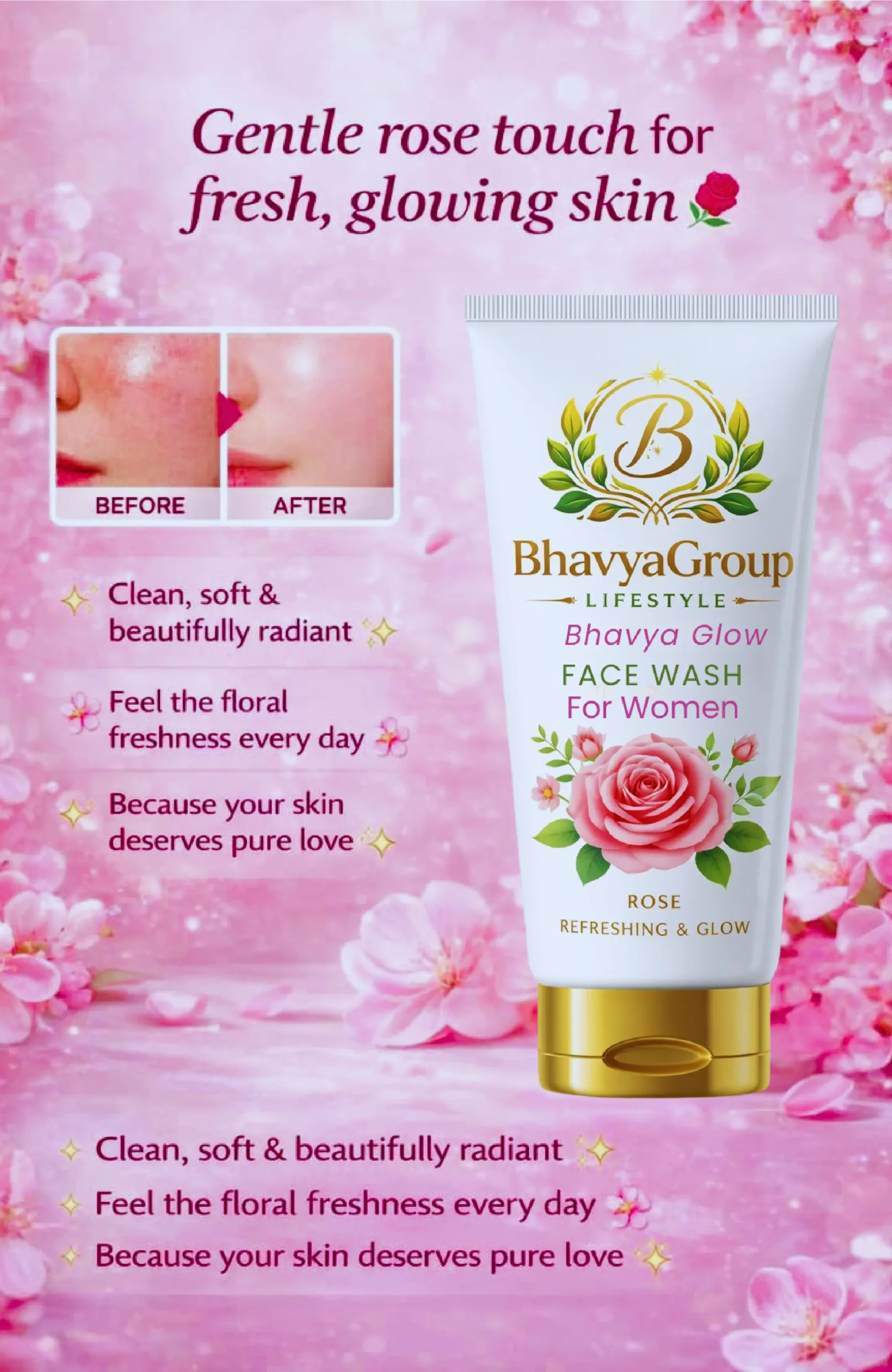 Start Your Day with a Burst of Rose Freshness! Give your skin the refreshing care it deserves with BhavyaGroup Lifestyle Bhavya Glow Face Wash. Specifically designed to gently cleanse while boosting your skin’s natural radiance, this face wash is the first step toward a flawless and glowing complexion. Infused with pure rose extracts, it washes away impurities without stripping your skin of its natural oils. Why It’s a Must-Have for Your Daily Routine: Deep Cleansing Action: Effectively removes dirt, pollution, and excess oil from your pores, leaving your face feeling clean and light. Instant Refreshment: The soothing properties of Rose instantly wake up tired skin, making it look fresh and revitalized. Natural Glow: Formulated to brighten your skin tone from the very first wash, giving you a healthy, luminous appearance. Gentle & Hydrating: Unlike harsh soaps, this face wash maintains your skin's moisture balance, ensuring your face feels soft—not tight or dry—after washing. Soothing Fragrance: Enjoy the calming and luxurious scent of fresh roses every time you cleanse. Key Benefits: Pollution Defense: Clears away daily grime and environmental pollutants. Even Skin Tone: Helps in reducing dullness for a more uniform complexion. Suitable for All Skin Types: Whether you have oily, dry, or combination skin, this gentle formula works perfectly for everyone. How to Use for Best Results: Step 1: Wet your face and neck with lukewarm water. Step 2: Squeeze a small amount of Bhavya Glow Face Wash onto your palms. Step 3: Gently massage in a circular motion, focusing on the forehead, nose, and chin. Step 4: Rinse thoroughly with water and pat dry with a soft towel. Pro-Tip: Follow up with our Bhavya Glow Rose Moisturizing Cream to lock in that radiant glow!