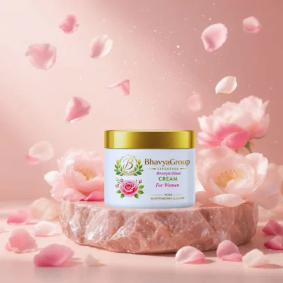 Experience the Magic of Rose for Glowing, Velvety Soft Skin! Reveal your skin’s natural brilliance with BhavyaGroup Lifestyle Bhavya Glow Cream. Crafted specifically for women who desire a luminous and healthy complexion, this moisturizing cream combines the timeless beauty of rose extracts with modern skincare science. It doesn't just sit on the surface; it penetrates deep to provide lasting hydration and a visible "lit-from-within" glow. Key Features & Benefits: Instant Radiance: Formulated to brighten dull skin immediately upon application, giving you a fresh and vibrant look. Deep Moisturizing Formula: Say goodbye to dryness. This cream locks in moisture for up to 24 hours, keeping your skin supple and plump. The Power of Rose: Infused with premium Rose essence, known for its natural ability to soothe irritation, tighten pores, and improve skin texture. Non-Greasy Finish: Despite its rich moisturizing properties, the cream absorbs quickly without leaving any sticky or oily residue. Youthful Glow: Regular use helps soften fine lines and restores the skin’s natural elasticity for a youthful appearance. Why Choose Bhavya Glow Cream? In a world full of pollution and stress, your skin deserves a moment of luxury. Our Bhavya Glow Cream acts as a protective shield while repairing daily damage. Whether you are prepping your skin for makeup or looking for a nourishing night treatment, this cream is your ultimate skincare essential. How to Use: Cleanse: Wash your face with a gentle cleanser and pat dry. Apply: Take a small amount of the cream using your fingertips. Massage: Apply in small dots across the face and neck. Massage in a gentle, circular upward motion until fully absorbed. Frequency: For best results, use twice daily—once in the morning and once before bed.