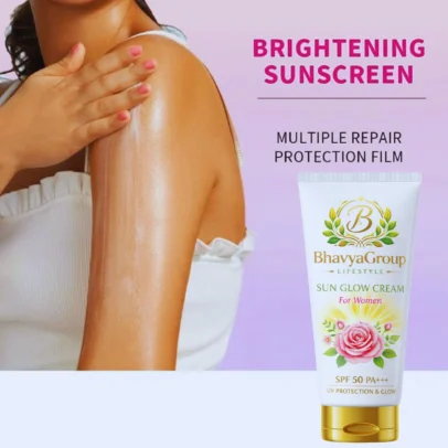 Maximum Sun Protection Meets a Radiant Rose Glow! Don't let the harsh sun steal your skin’s natural brightness. BhavyaGroup Lifestyle Sun Glow Cream is your ultimate dual-action skincare essential. It provides high-performance sun protection while acting as a glow-boosting cream, ensuring your skin stays protected, hydrated, and luminous even under the strongest sunlight. Why This Sun Glow Cream is a Game Changer: Superior SPF 50 PA+++ Protection: Offers broad-spectrum defense against both UVA and UVB rays, preventing sunburn, tanning, and premature skin aging. Instant Brightening Effect: Formulated to give an immediate "glow" upon application, so you don't need a separate highlighter for your daily outdoor look. Infused with Rose Essence: Harnesses the soothing power of rose to calm sun-exposed skin and keep it smelling fresh and floral all day. Non-Sticky & Fast Absorbing: Designed specifically for active lifestyles, this lightweight formula absorbs quickly into the skin without leaving a heavy white cast or greasy feeling. Moisturizing Defense: While it protects you from the sun, it also deeply hydrates the skin, preventing the dryness often caused by environmental heat. Key Benefits: Anti-Tan Formula: Helps maintain your natural skin tone by blocking tan-inducing rays. Pollution Shield: Acts as a barrier against dust and environmental pollutants. Sweat Resistant: Perfect for the Indian summer, staying effective even when you are on the move. Daily Wear: Gentle enough for everyday use on all skin types. How to Use for Maximum Protection: Step 1: Apply as the final step of your morning skincare routine. Step 2: Take a generous amount and apply it evenly on your face, neck, and any exposed skin areas. Step 3: Apply at least 15–20 minutes before stepping out into the sun. Pro-Tip: For continuous protection, reapply every 3-4 hours if you are outdoors for a long time or after swimming/sweating.